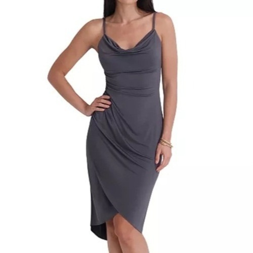 Siena Sleeveless Cowl Neck Bodycon Ruched Grey Knee High Dress Womens Size 4 NWT